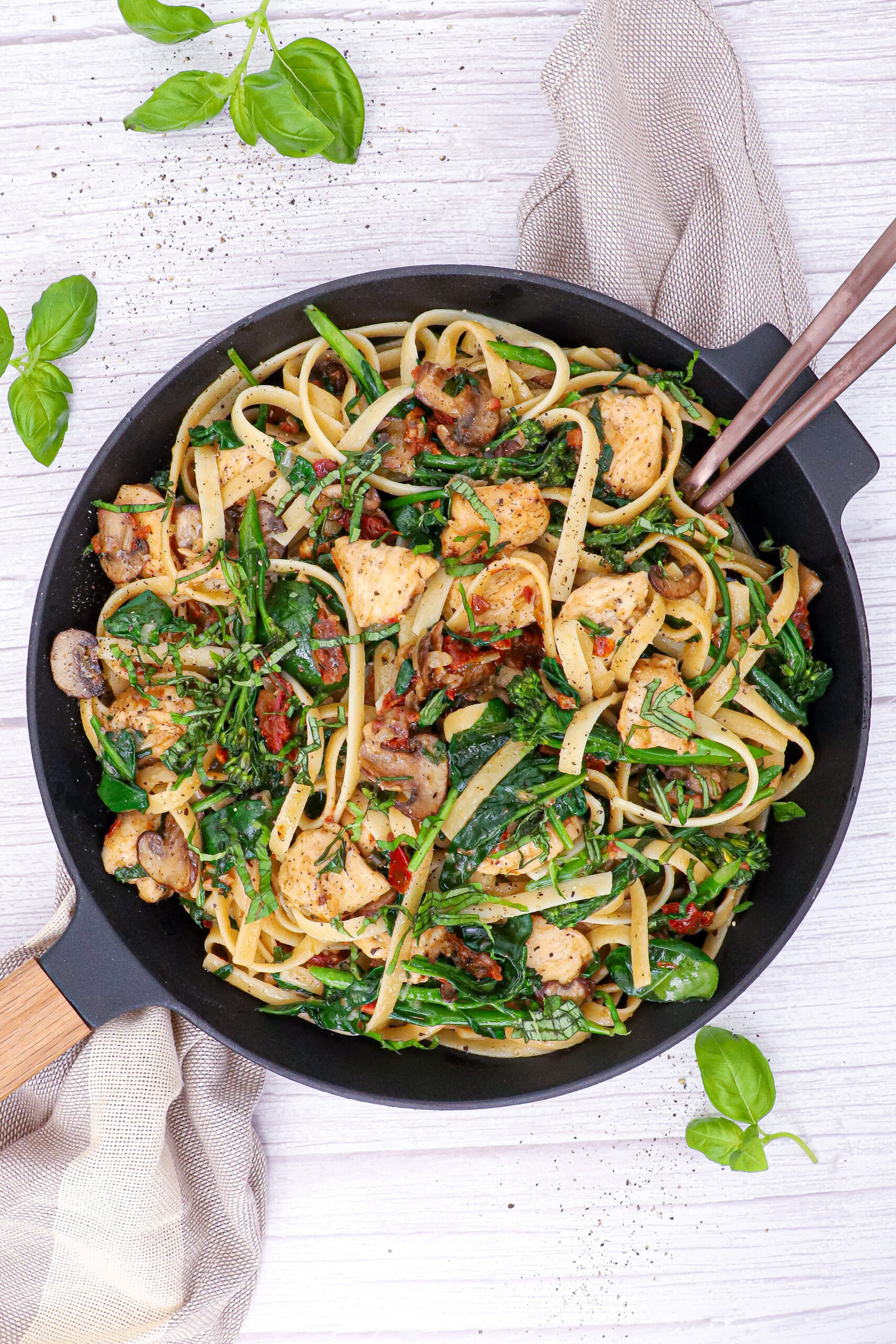 Pasta med kylling, svampe og pancetta - Opskrift på pasta med kylling